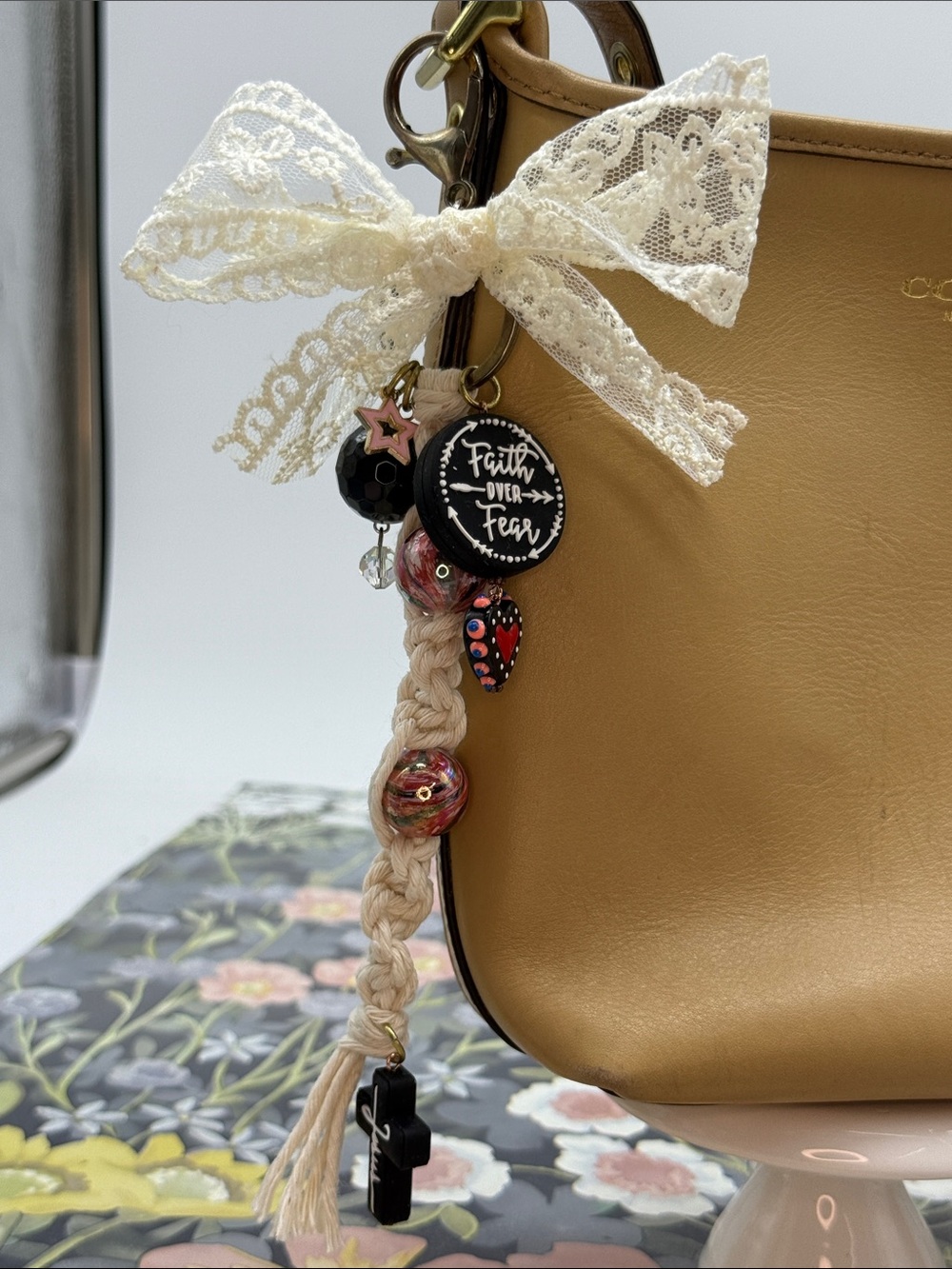 Adorned Crown Jewelry purse bag charm keychain Faith over Fear Jesus macrame